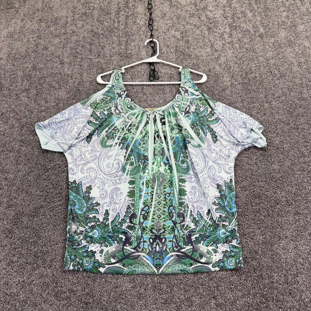 One World Cold Shoulder Top Womens Large Blue Green Paisley Rhinestone Blouse